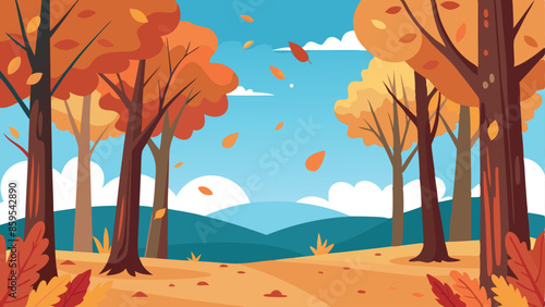 A beautiful autumn scene with trees and leaves on the ground