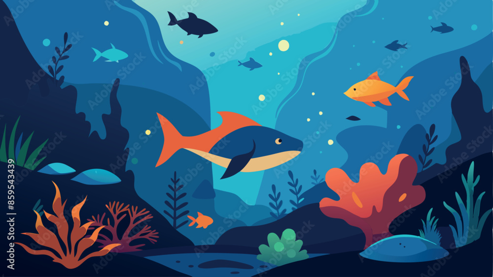 Obraz premium A colorful underwater scene with a fish swimming in the middle