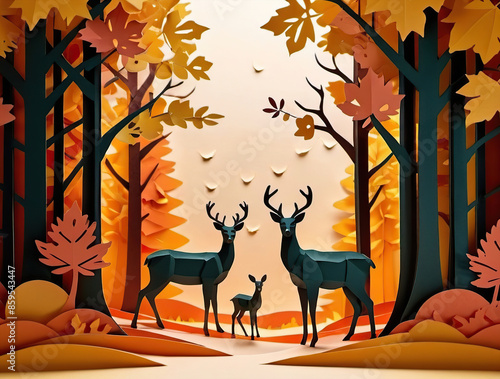 autumn landscape with a deer and a tree