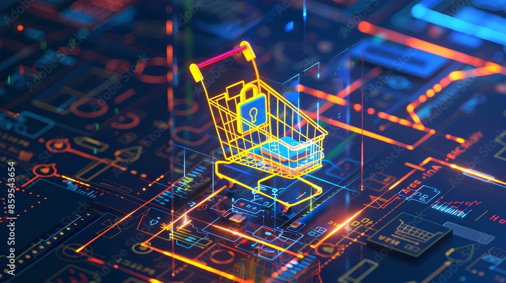 concept of opened padlock over shopping cart concept of opened padlock over shopping cart