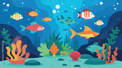 A colorful underwater scene with a variety of fish swimming around