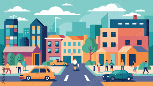 A city street with people walking and cars driving
