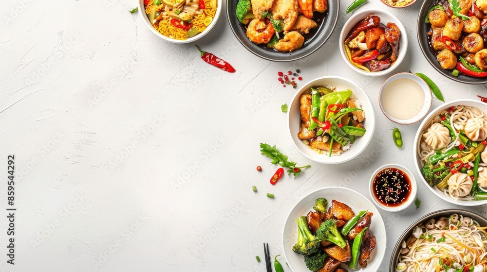 Set of Chinese dishes on a white surface with room for text Top down view of cuisine from China