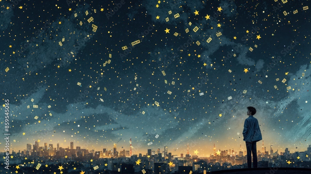 A man stands alone, looking up at a night sky filled with stars A man stands alone, looking up at a night sky filled with stars