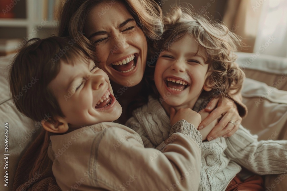 A motherly figure embracing two young kids on a cozy sofa, conveying warmth and comfort A motherly figure embracing two young kids on a cozy sofa, conveying warmth and comfort