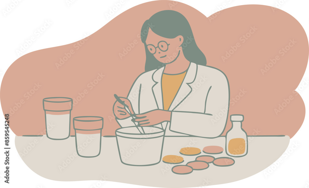 A woman in a lab coat is making cookies A woman in a lab coat is making cookies