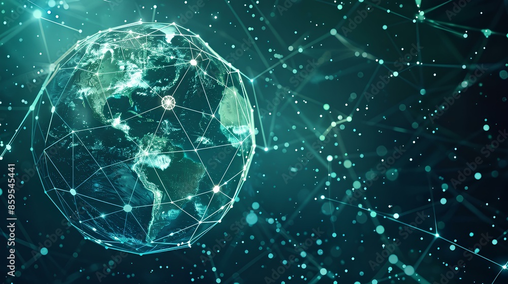 A glowing digital network connecting planets and stars with a blue, illuminated background A glowing digital network connecting planets and stars with a blue, illuminated background