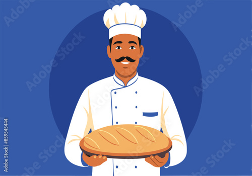 A chef is holding a tray of bread in front of a blue background