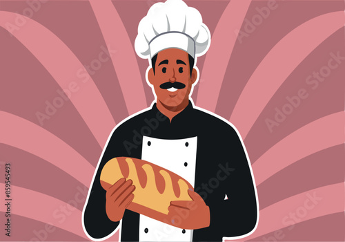 A chef is holding a loaf of bread in his hand