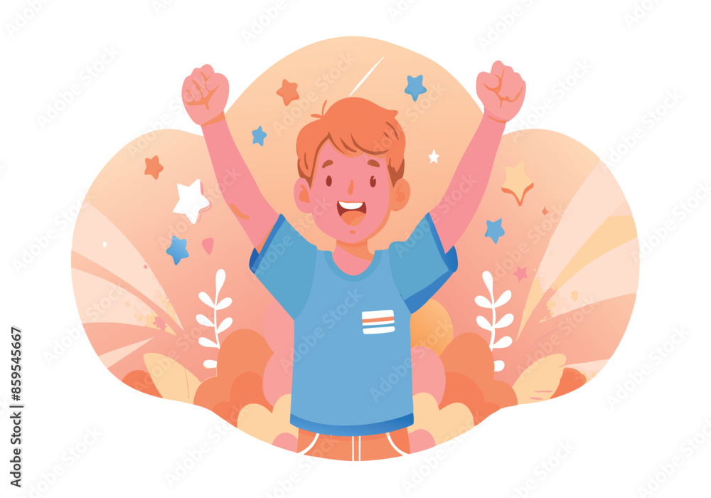 A boy is smiling and holding his hands up in the air A boy is smiling and holding his hands up in the air