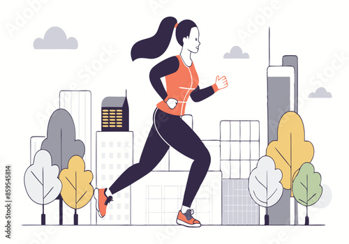 A woman running in a city with tall buildings in the background