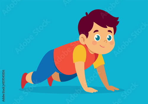 A young boy is crawling on the ground