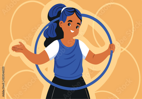 A girl is holding a hula hoop and smiling