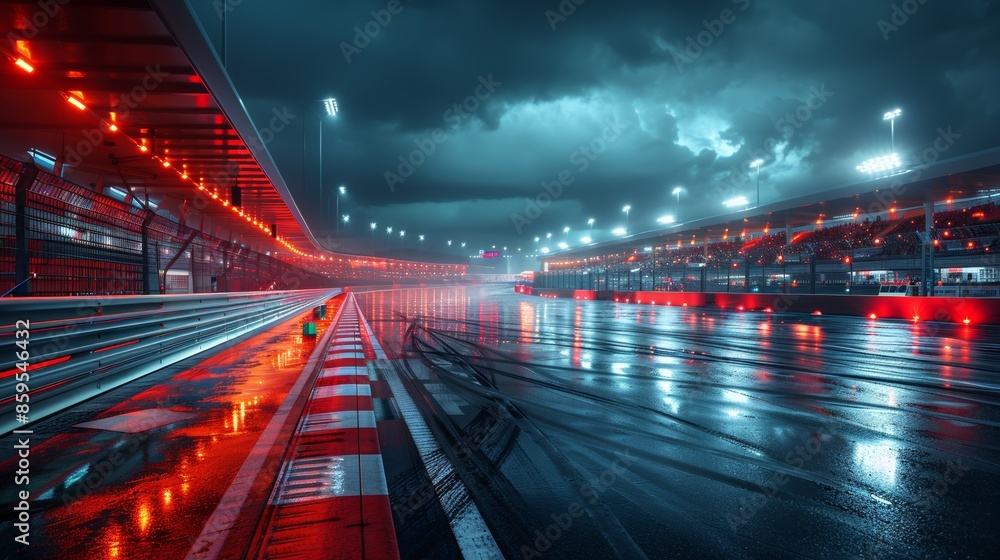Nighttime View of Wet Race Track With Illuminated Stands and Red Lights