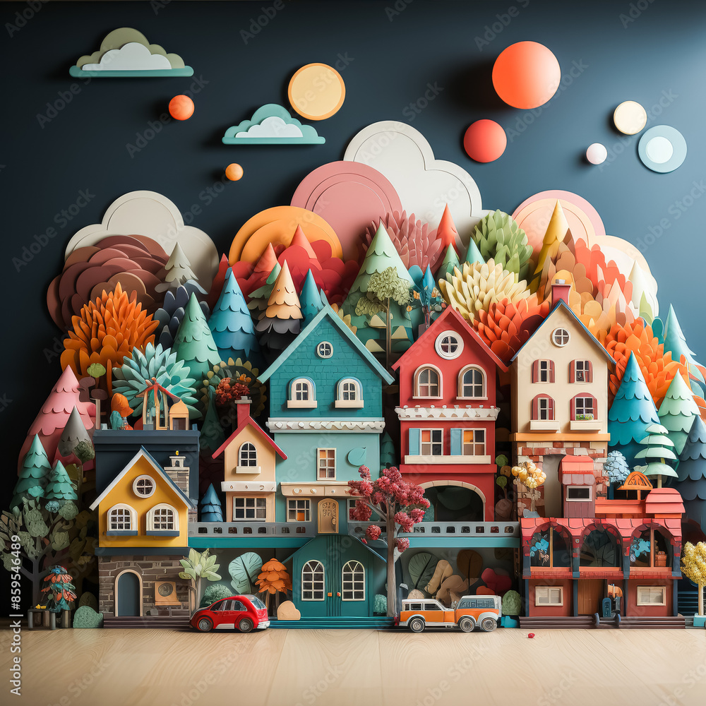 A colorful scene of houses and trees with a red ball in the sky A colorful scene of houses and trees with a red ball in the sky