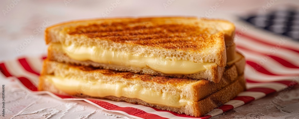 Grilled cheese sandwich, white background, American flag napkin Grilled cheese sandwich, white background, American flag napkin