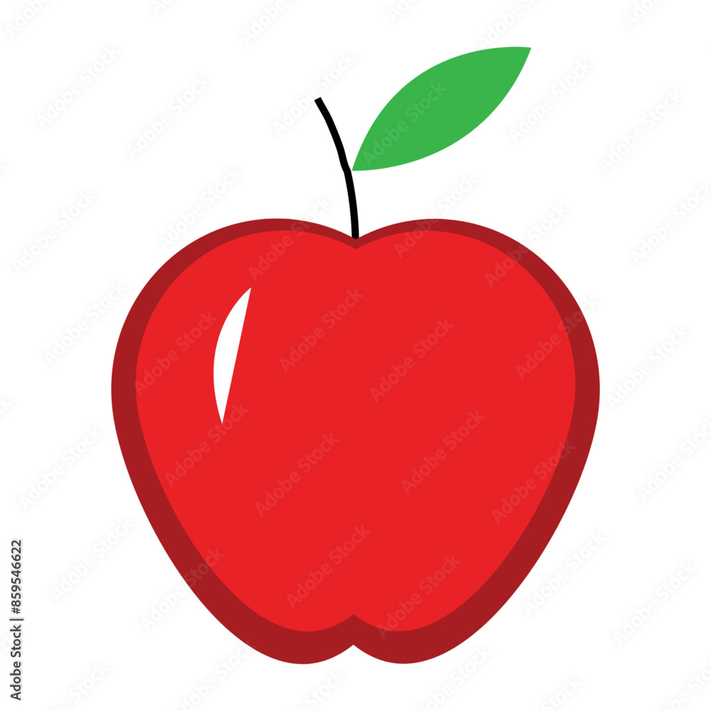 Bright red apple, simple vector illustration, flat design, single green leaf, white background Bright red apple, simple vector illustration, flat design, single green leaf, white background