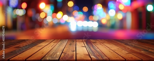 Wooden table in focus with neon-lit street bokeh in the background, urban night scene, colorful lights, blurred effect photo