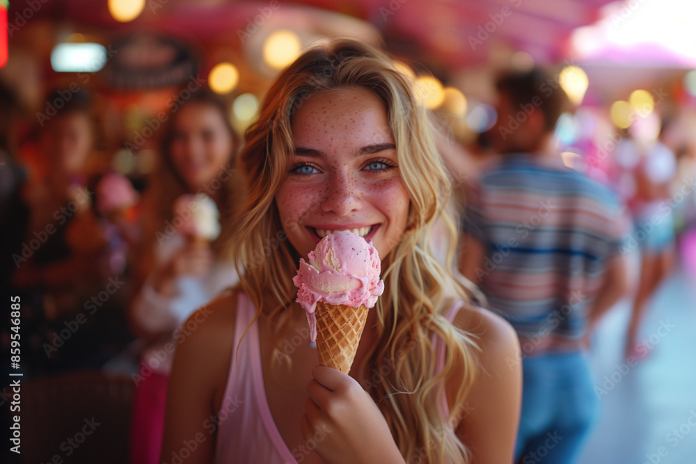A group of friends enjoying ice cream cones while shopping at a mall .A woman is enjoying an ice cream cone at a bustling carnival A group of friends enjoying ice cream cones while shopping at a mall .A woman is enjoying an ice cream cone at a bustling carnival
