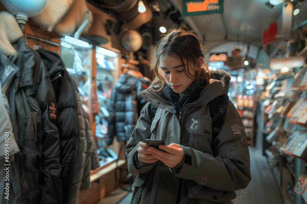 A person scrolling through a fashion app on their smartphone, looking for the latest trends .A woman is engrossed in her phone while shopping at a store A person scrolling through a fashion app on their smartphone, looking for the latest trends .A woman is engrossed in her phone while shopping at a store