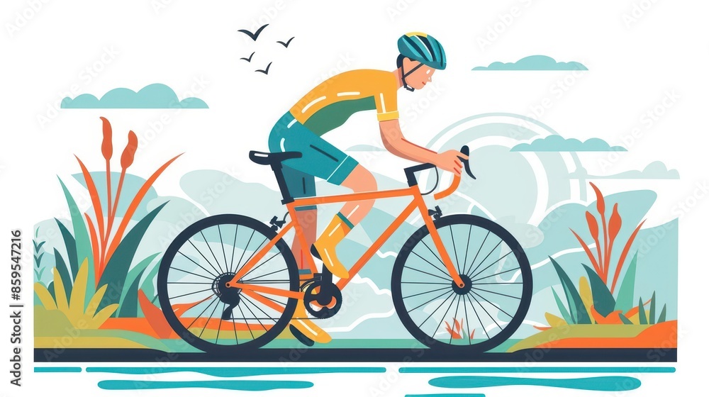 Biking trails with a cyclist in a helmet flat design, side view, nature exploration theme, water color, Complementary Color Scheme, copy space for text, Biking trails with a cyclist in a helmet flat design, side view, nature exploration theme, water color, Complementary Color Scheme, copy space for text,