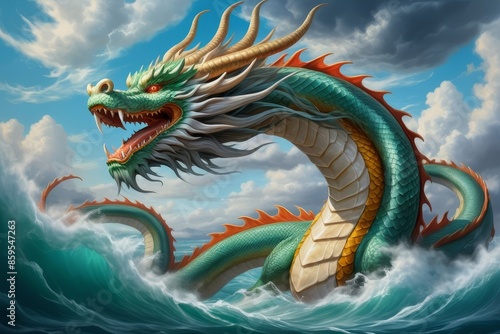 Mythical Green Dragon Emerging From Ocean Waves