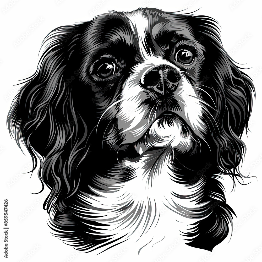 A black and white drawing of a Cavalier King Charles Spaniel dog A black and white drawing of a Cavalier King Charles Spaniel dog