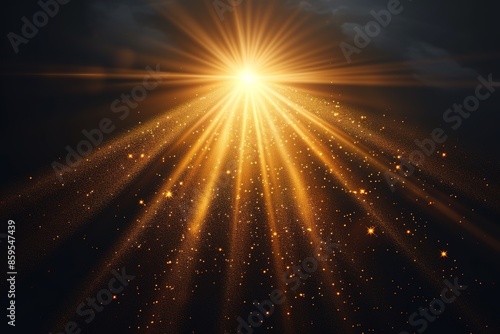 Vector golden sun light effect. Glowing sunrays on black background. Stock royalty free vector