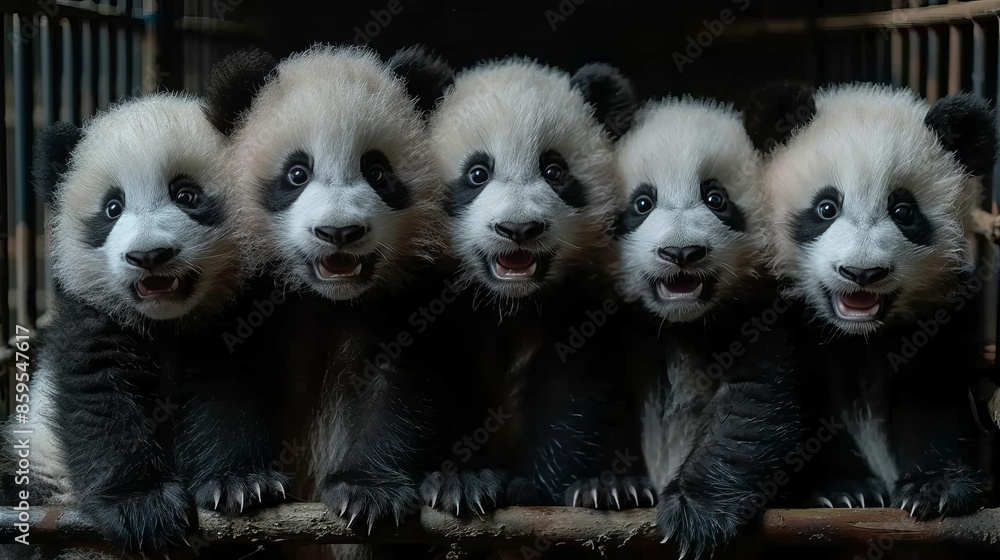 Adorable baby pandas smiling together on a branch in a charming wildlife gathering Adorable baby pandas smiling together on a branch in a charming wildlife gathering