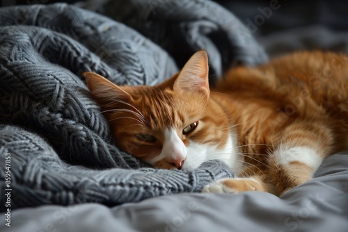 A cat is laying on a blanket with its head on a pillow. The cat is orange and white © At My Hat