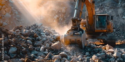 Excavator loading stones into crusher machine in a green field Creative banner image. Concept Construction Site, Heavy Machinery, Industrial Equipment, Crushing Process, Green Environment photo