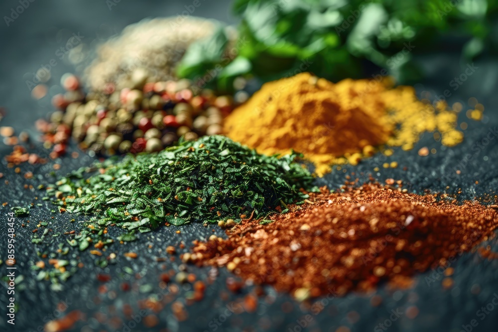 A variety of spices are displayed on a black surface. The spices include cumin, paprika, and chili powder