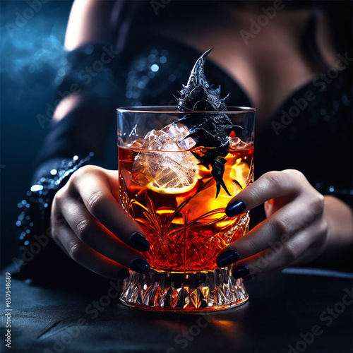 Cocktail celebration lemon fruit table ice citrus night, Garnish being placed in a gin cocktail, 3 refreshing cocktails, on the table of a restaurant bar, at night