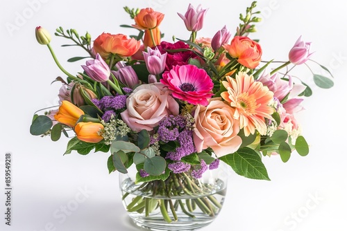 Wallpaper Mural vibrant bouquet featuring a mix of colorful flowers like roses, tulips, and daisies, arranged in a clear glass vase, placed on a white background Torontodigital.ca