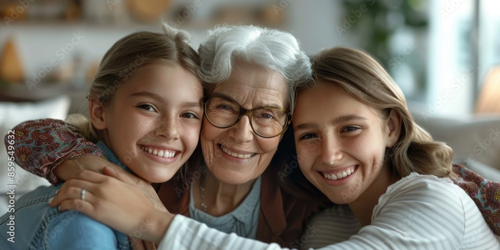 A mother and her two daughters sharing a tender moment with a hug A mother and her two daughters sharing a tender moment with a hug