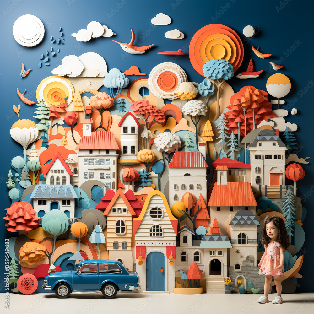 A girl stands in front of a colorful paper cutout of a city with a blue car A girl stands in front of a colorful paper cutout of a city with a blue car