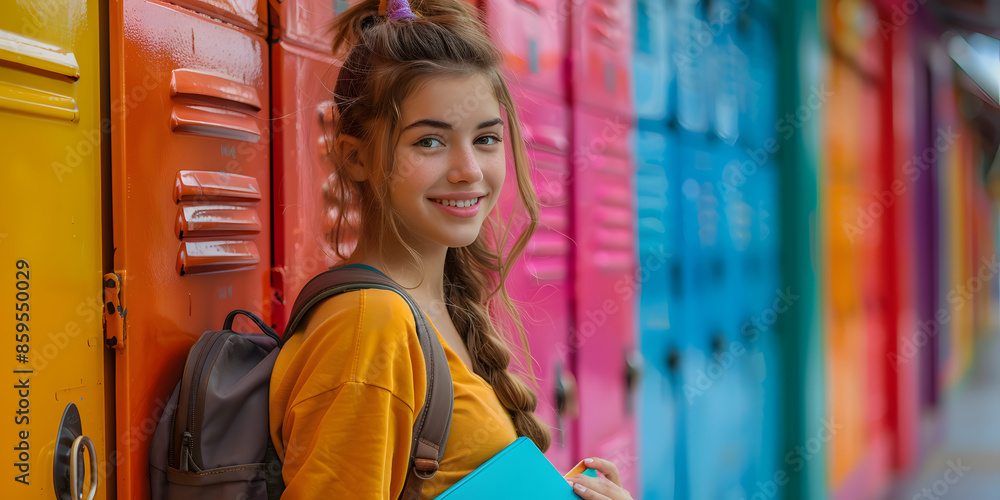 Obraz premium Girl holding locker door, smiling, portrait 