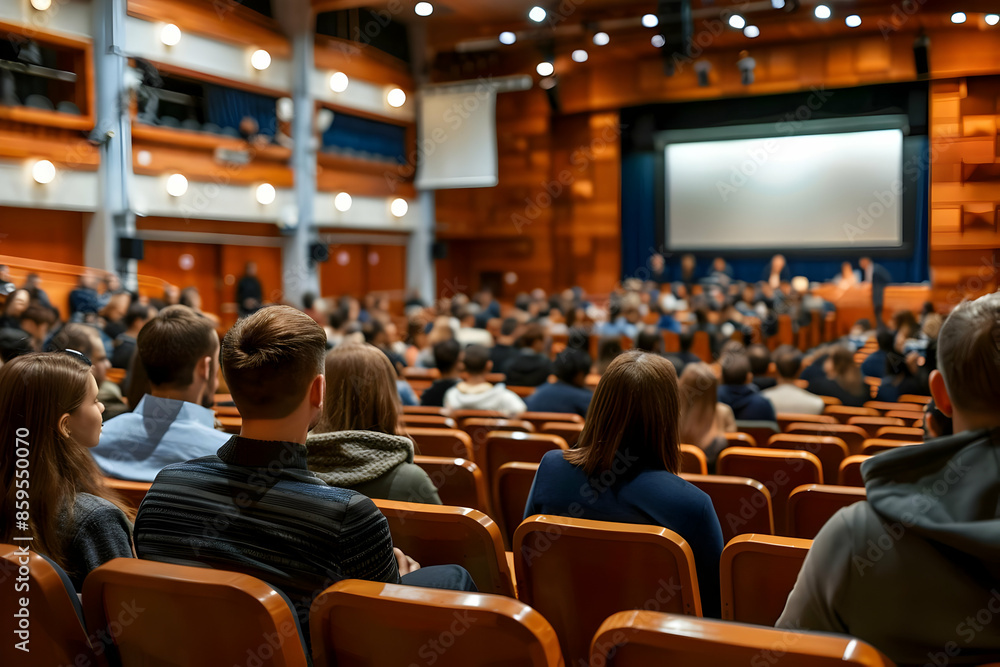 Business conference presentation with crowd of people in auditorium seats Business conference presentation with crowd of people in auditorium seats