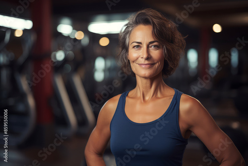 Fit elderly woman with a determined look stands in a gym environment Free Download Fit elderly woman with a determined look stands in a gym environment - GFXLoad