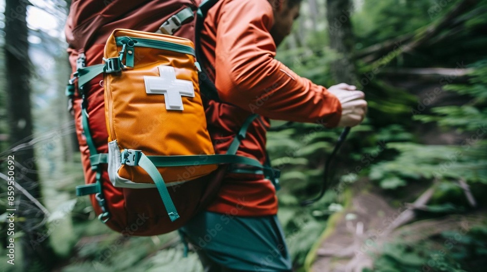 A hiker is seen holding an orange first aid kit with a red outdoor backpack in a forest. A hiker is seen holding an orange first aid kit with a red outdoor backpack in a forest.