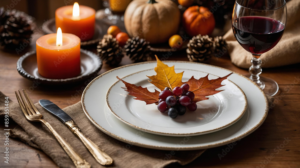 Сlose-up of beautifully decorated Thanksgiving place setting, featuring white dinner plate with autumn leaf and grapes, gold flatware, candles, glass of wine Сlose-up of beautifully decorated Thanksgiving place setting, featuring white dinner plate with autumn leaf and grapes, gold flatware, candles, glass of wine