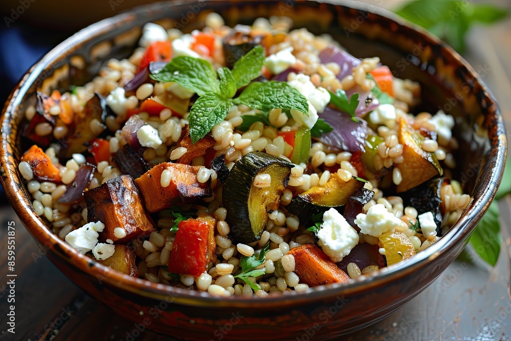 A nutritious grain salad with barley, roasted vegetables, and feta A nutritious grain salad with barley, roasted vegetables, and feta
