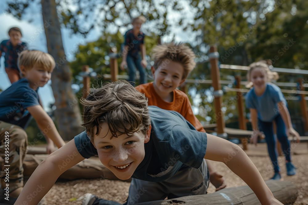 A group of kids playing together in a park.
A group of kids playing together in a park.