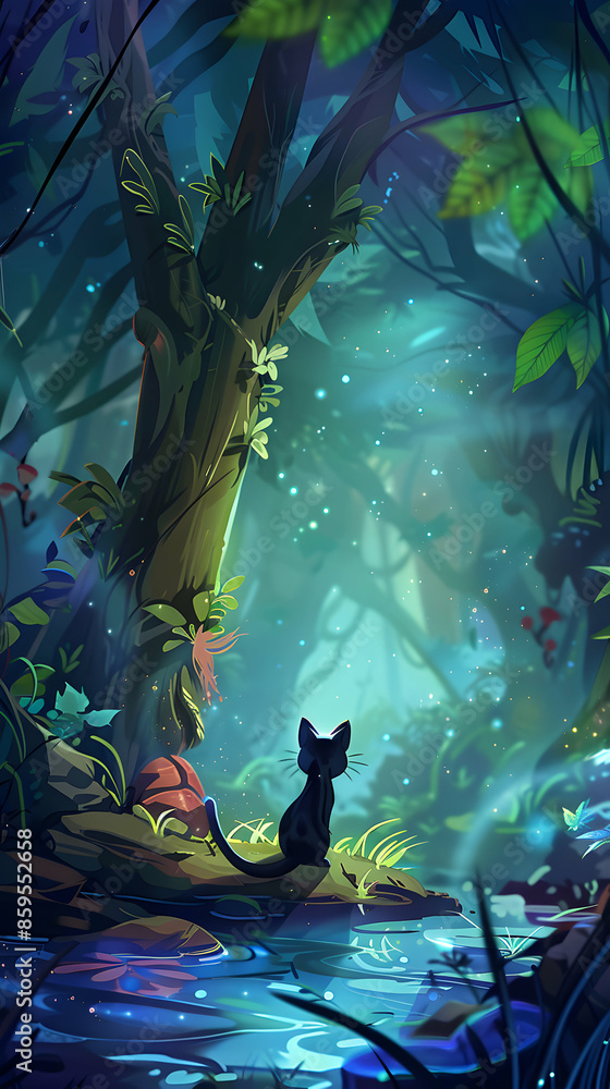 Fototapeta premium A black cat is sitting under the tree in an enchanted forest, in the style of cartoon, cute, magical atmosphere, fantasy background