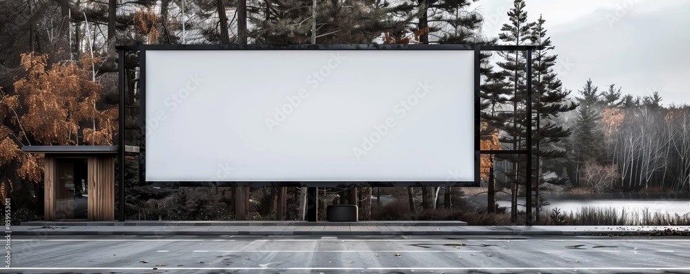 Blank billboard on a highway in Maine, with forests and lakes, 3D render, no light from frame, scenic, high detail Blank billboard on a highway in Maine, with forests and lakes, 3D render, no light from frame, scenic, high detail
