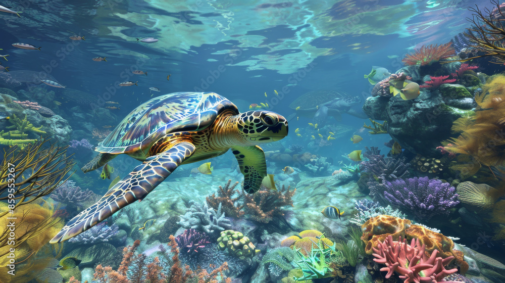 Obraz premium A turtle swimming in a coral reef with fish swimming around it