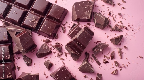A chocolate bar is cut into pieces and scattered on a pink background. Concept of indulgence and enjoyment, as the chocolate is a popular treat that many people love