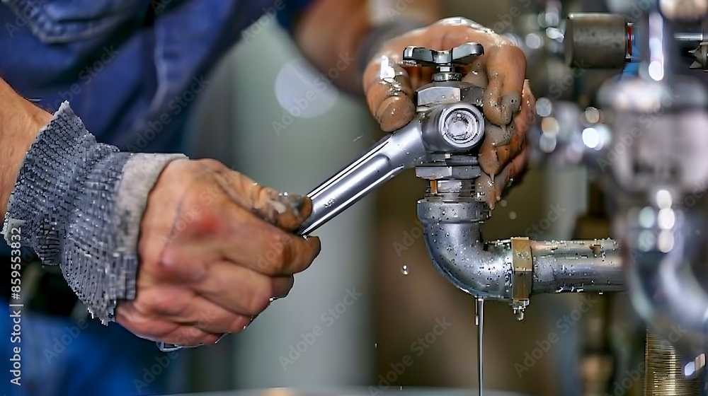 Plumber at work, holding wrench and sleeve in hand while repairing water tap with chrome pipe Plumber at work, holding wrench and sleeve in hand while repairing water tap with chrome pipe