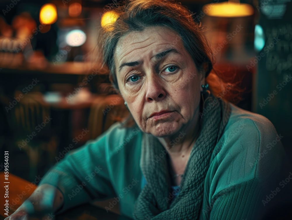 A woman sits alone at a table in a cozy restaurant, enjoying her meal A woman sits alone at a table in a cozy restaurant, enjoying her meal