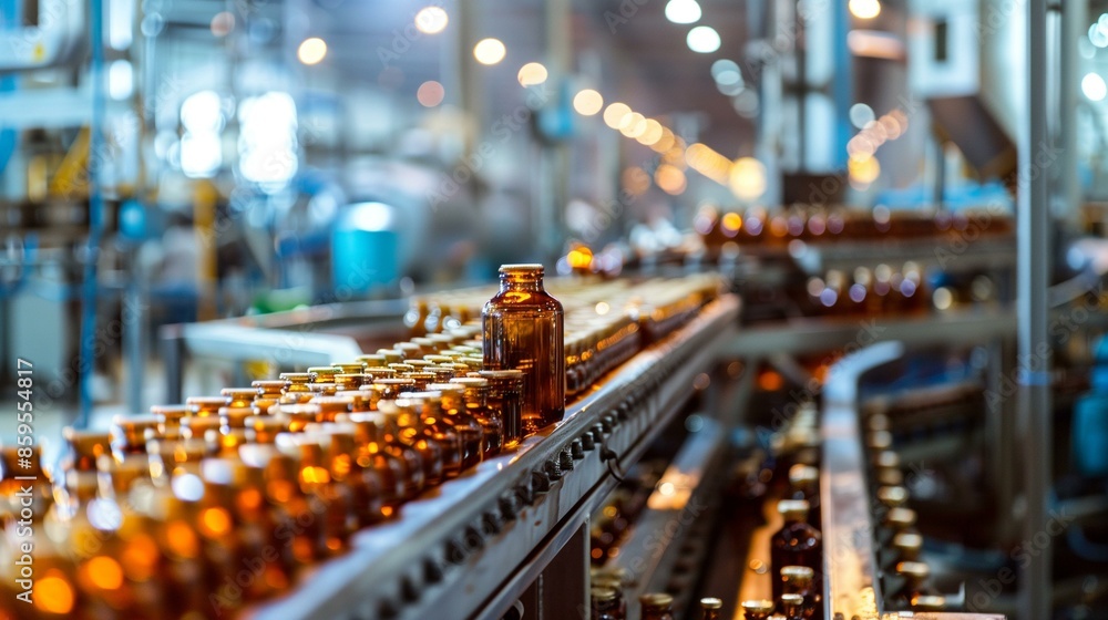 Bottles on production line with focus on one bottle slightly out focus to emphasize operations management production, kanban customer satisfaction technology Bottles on production line with focus on one bottle slightly out focus to emphasize operations management production, kanban customer satisfaction technology